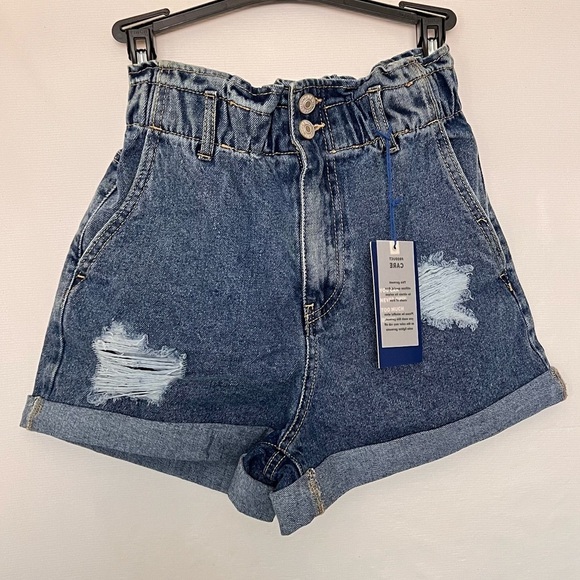 Love Tree Pants - High Waisted Denim Shorts Elastic Waist Cuffed Hem Distressed Blue High Rise
